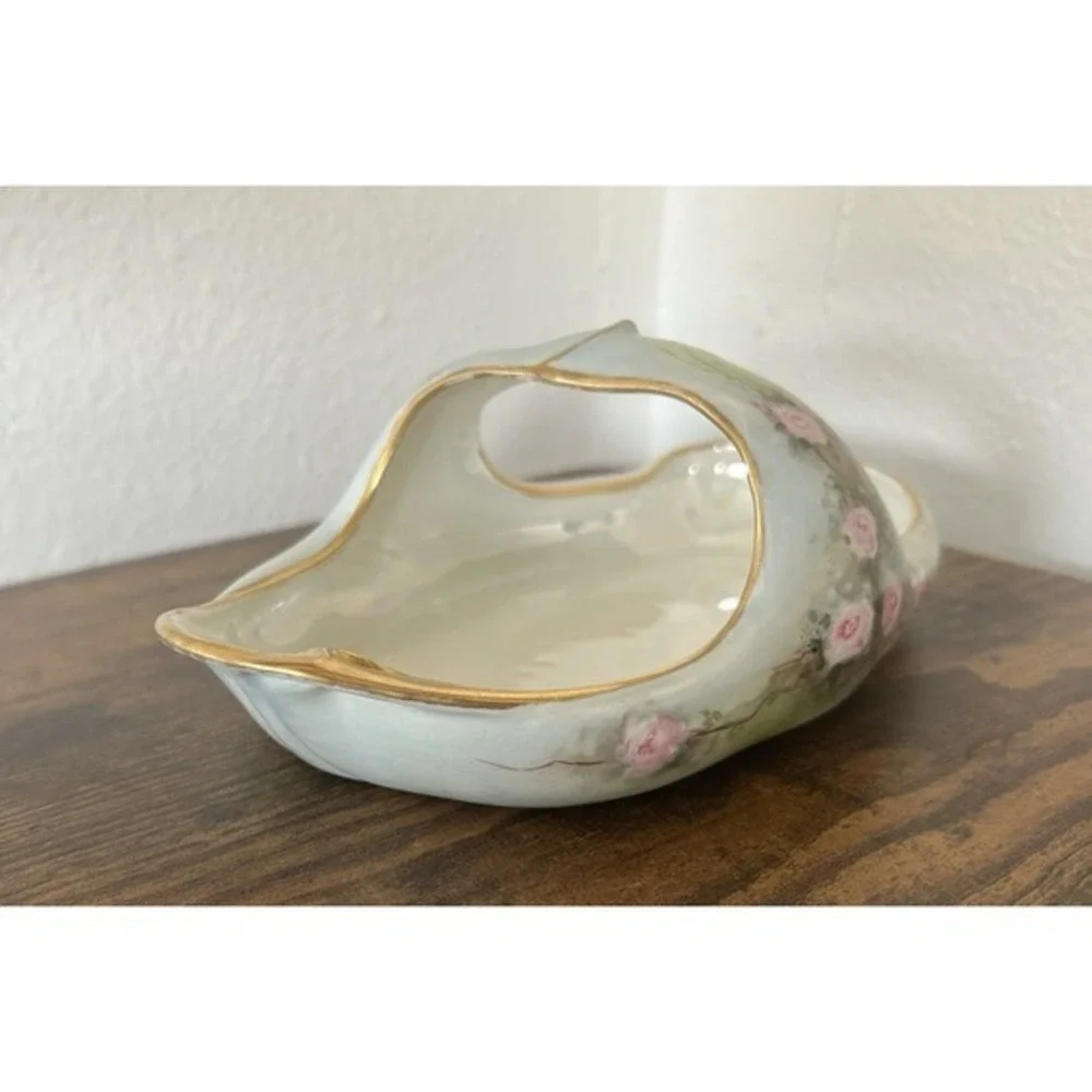 Antique French Limoges Handled Porcelain‎ Basket Hand Painted Floral & Gold